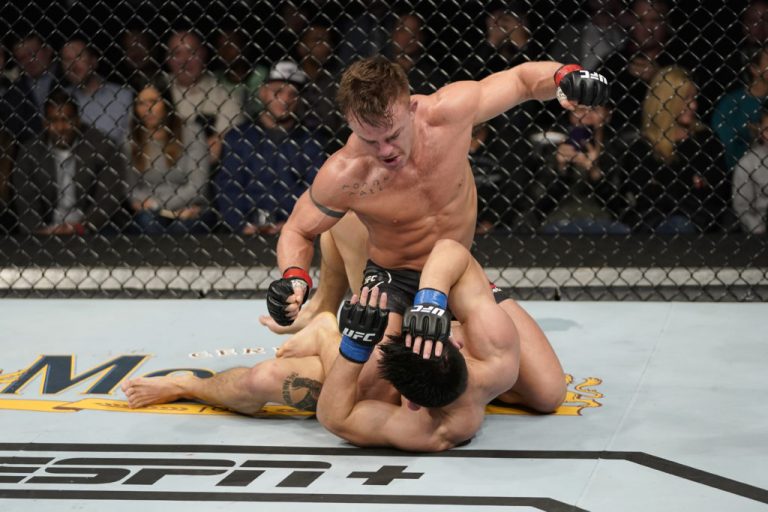 WASHINGTON, DC - DECEMBER 07: Cody Stamann (top) punches Song Yadong of China in their bantamweight bout during the UFC Fight Night event at Capital One Arena on December 07, 2019 in Washington, DC. (Photo by Jeff Bottari/Zuffa LLC via Getty Images)