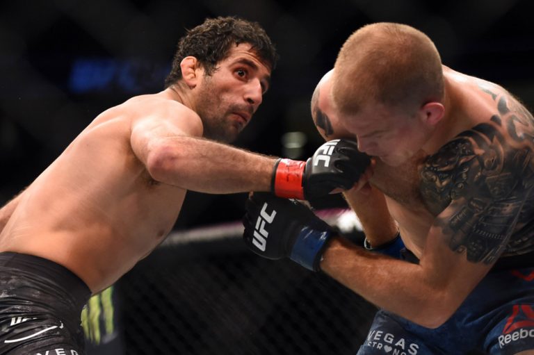 Beneil Dariush (red) and  Evan Dunham (blue) fight to a draw during UFC 216 at the T-Mobile Arena in Las Vegas, NV., Saturday, October 7, 2017. (Photo by Hans Gutknecht, Los Angeles Daily News/SCNG)