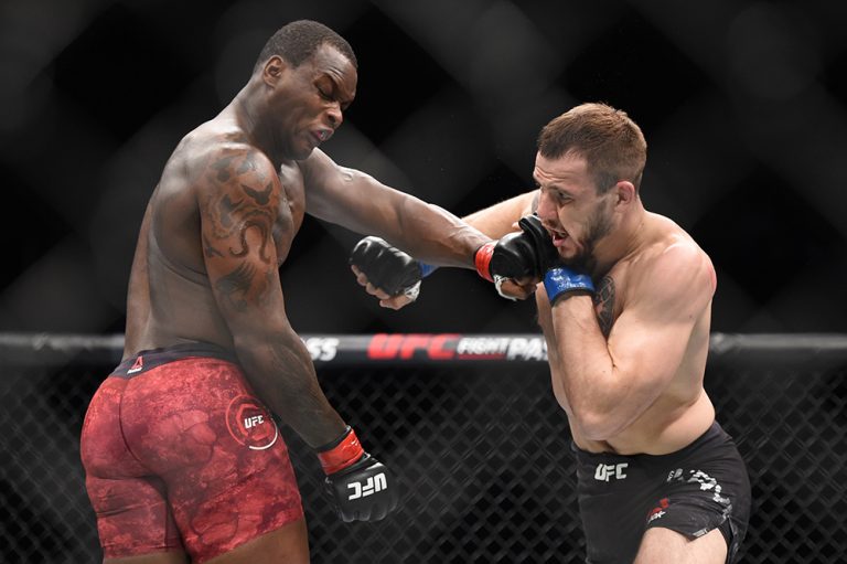 Apr 13, 2019; Atlanta, GA, USA; Ovince Saint Preux (red gloves) fights Nikita Krylov (blue gloves) during UFC 236 at State Farm Arena. Krylov won by submission in the second round. Mandatory Credit: John David Mercer-USA TODAY Sports