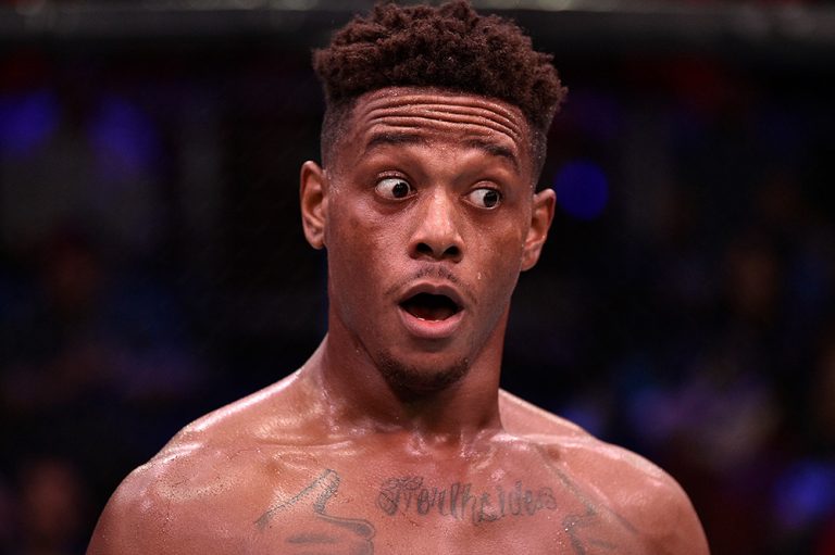 LAS VEGAS, NV - JULY 23:  Jamahal Hill celebrates after his TKO victory over Alexander Poppeck of Germany in their light heavyweight bout during Dana White's Contender Series at the UFC Apex on July 23, 2019 in Las Vegas, Nevada. (Photo by Chris Unger/DWCS LLC)