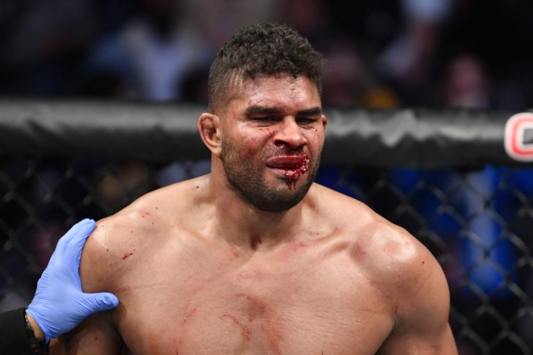 WASHINGTON, DC - DECEMBER 07: Alistair Overeem of Netherlands reacts after his TKO loss to Jairzinho Rozenstruik of Suriname in their heavyweight bout during the UFC Fight Night event at Capital One Arena on December 07, 2019 in Washington, DC. (Photo by Jeff Bottari/Zuffa LLC via Getty Images)