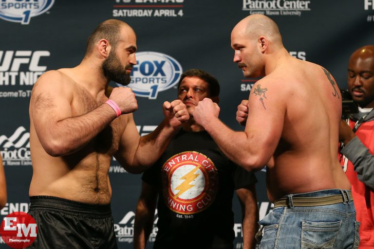 Fairfax, Virginia, USA - April 3, 2015: Shamil Abdurakhimov (left) and Timothy Johnson (right) face off after weighing in for their preliminary card bout at UFC Fight Night 63 at the Patriot Center in Fairfax, Virginia.  Ed Mulholland for ESPN